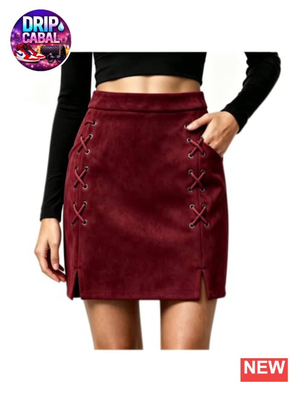 High Waist Faux Suede Lace Up Side Slit Bodycon Mini Skirt